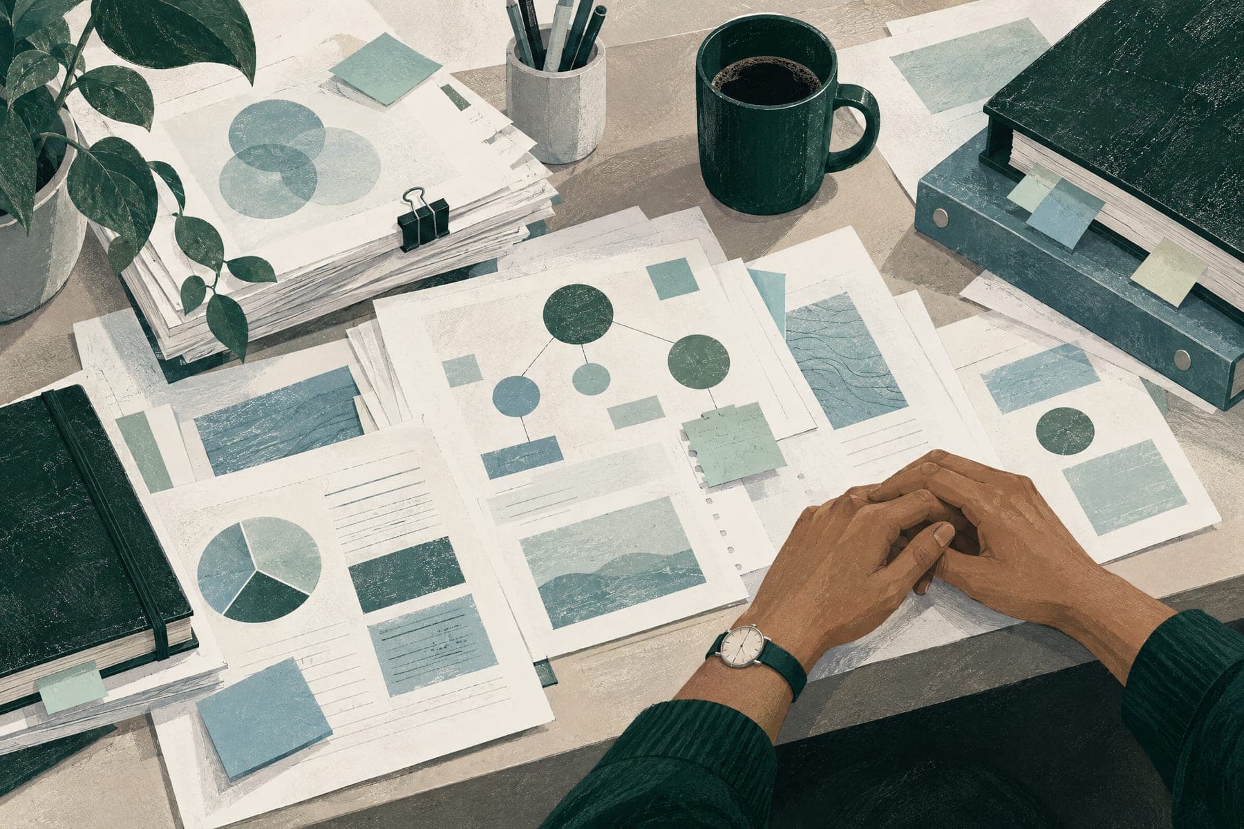 Illustration of a desk covered in scattered pages, notes and binders, with an educator’s hands resting at its edge